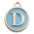 Light blue enamel alphabet D round charm pendant with golden finish for jewelry making - Letter D Pendant (12242) / 1 Piece (12x14mm) / Lake Blue