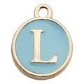 Golden round pendant with light blue enamel and capital letter L for DIY jewelry making - Letter L Pendant (12242) / 1 Piece (12x14mm) / Lake Blue
