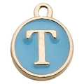 Light blue enamel letter T pendant with gold trim for DIY jewelry making and necklaces - Letter T Pendant (12242) / 1 Piece (12x14mm) / Lake Blue