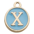 Sky blue enamel round pendant with gold letter X for DIY necklaces and bracelets - Letter X Pendant (12242) / 1 Piece (12x14mm) / Lake Blue