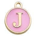 Pink enamel round alphabet pendant with golden letter J for DIY jewelry making - Letter J Pendant (12243) / 1 Piece (12x14mm) / Pink