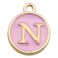 Pink enamel round pendant with golden letter N for DIY necklaces and bracelets - Letter N Pendant (12243) / 1 Piece (12x14mm) / Pink