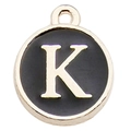 Golden round pendant with black enamel finish featuring uppercase letter K for DIY jewelry - Letter K Pendant (12241) / 1 Piece (12x14mm) / Black