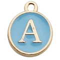 Golden round charm with light blue enamel finish featuring the letter A for DIY jewelry - Letter A / 1 Piece (12x14mm) / Lake Blue