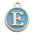 Golden round pendant with light blue enamel featuring capital letter E for DIY jewelry - Letter E / 1 Piece (12x14mm) / Lake Blue