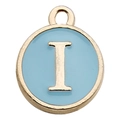 Light blue enamel round letter I charm pendant with golden metallic frame and top ring - Letter I / 1 Piece (12x14mm) / Lake Blue