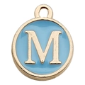Light blue enamel round letter M pendant with gold-plated finish for DIY jewelry - Letter M / 1 Piece (12x14mm) / Lake Blue