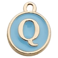 Light blue enamel double-sided alphabet pendant letter Q in golden metal finish - Letter Q / 1 Piece (12x14mm) / Lake Blue