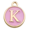 Pink and gold enamel letter K round charm pendant for DIY jewelry making and crafts - Letter K / 1 Piece (12x14mm) / Pink