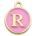 Pink and gold enamel round pendant with embossed letter R for DIY jewelry - Letter R / 1 Piece (12x14mm) / Pink