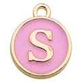 Pink enamel round letter S pendant with golden alloy finish for DIY jewelry crafting - Letter S / 1 Piece (12x14mm) / Pink