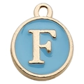 Golden round pendant with light blue enamel finish featuring uppercase letter F - Letter F / 1 Piece (12x14mm) / Lake Blue