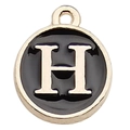 Round alphabet charm with gold border and black enamel letter H for DIY jewelry - Letter H / 1 Piece (12x14mm) / Black