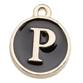 Golden round alphabet charm with black enamel inlay featuring letter P for DIY jewelry - Letter P / 1 Piece (12x14mm) / Black