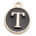 Golden round pendant with black enamel inlay featuring a capital letter T for DIY jewelry - Letter T / 1 Piece (12x14mm) / Black