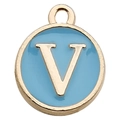 Light blue enamel and gold-plated circular charm pendant featuring the letter V - Letter V / 1 Piece (12x14mm) / Lake Blue