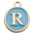 Light blue enamel alphabet R pendant with gold metal frame for DIY jewelry making - Letter R / 1 Piece (12x14mm) / Lake Blue