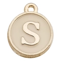 Golden round charm with white enamel and metal letter S for DIY necklace bracelets - Letter S / 1 Piece (12x14mm) / Champagne