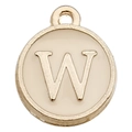 Golden round pendant with cream enamel and 3D letter W for DIY jewelry making - Letter W / 1 Piece (12x14mm) / Champagne