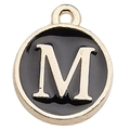Golden round pendant with black enamel and 3D letter M for DIY jewelry making - Letter M / 1 Piece (12x14mm) / Black