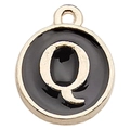 Round gold plated pendant with black enamel finish featuring letter Q for DIY jewelry - Letter Q / 1 Piece (12x14mm) / Black