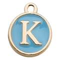 Golden round pendant with letter K and light blue enamel for DIY jewelry making - Letter K / 1 Piece (12x14mm) / Lake Blue