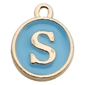 Golden round pendant with light blue enamel and uppercase letter S for DIY jewelry - Letter S / 1 Piece (12x14mm) / Lake Blue