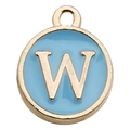 Light blue enamel round letter W pendant with gold plated metal finish and small ring - Letter W / 1 Piece (12x14mm) / Lake Blue