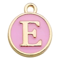 Pink enamel round pendant charm with gold letter E for DIY necklace and jewelry making - Letter E / 1 Piece (12x14mm) / Pink
