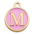 Pink enamel round pendant with golden letter M for personalized jewelry crafting - Letter M / 1 Piece (12x14mm) / Pink