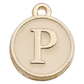 Golden round alphabet charm with white enamel letter P for DIY jewelry crafting - Letter P / 1 Piece (12x14mm) / Champagne