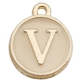 Golden alloy alphabet pendant with letter V design and cream enamel finish for DIY jewelry - Letter V / 1 Piece (12x14mm) / Champagne