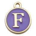 Purple enamel letter F round charm pendant with gold metal plating for DIY jewelry - Letter F / 1 Piece (12x14mm) / Purple