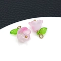 Pink lily of the valley lily flower pendant with green leaf and gold bead for DIY jewelry - Pink