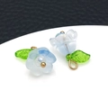 Light blue frosted lily of the valley charm with green leaf and golden metal loop - Blue