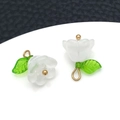 Set of two white and green lily of the valley glass pendants with gold hooks - White