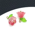 Pink glass lily of the valley flower charms with green leaves for DIY jewelry making - Red