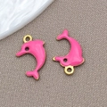 Pink enamel dolphin charm pendant in stainless steel with golden accents for DIY jewelry - 8*12mm / Gold Plated Rose Red Enamel