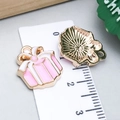 Pink and white bow gift box charm in gold alloy with metal loop for DIY jewelry - Pink Enamel Christmas Gift Box