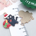 Christmas black cat enamel pendant with red Santa hat and gift bag for DIY jewelry - Black Enamel Gift Bag Cat (25253)