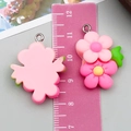 Pink resin flower charm with green leaves and metal loop for DIY jewelry making - Pink Resin Double-layered Flower Style