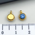 Golden stainless steel round pendant with dark blue crystal stone and smooth back - March Light Blue - 6x8.5x4mm Vertical Hole 1.5mm (T2895)