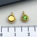 Gold stainless steel round pendant charm with faceted emerald green crystal stone - August Light Green - 6x8.5x4mm Vertical Hole 1.5mm (T2900)