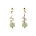 Elegante Ohrhänger aus Golddraht mit weißen Perlen und grünen Jade-Steinen vor weißem Grund - Faux Jade Perlenquaste