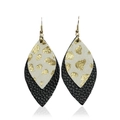 Macro detail of double-layered leaf earrings with gold speckled beige and black leather - Leopard Print Black Leaf (1)