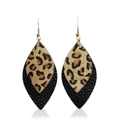 Detail of bohemian leaf earrings with leopard print fur and black textured leather layers - Leopard Print Brown Leaf (2)