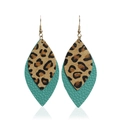 Detail of bohemian leaf earrings featuring leopard print fur and turquoise leather texture - Leopard Print Cyan Leaf (3)