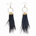 Elegant long bohemian black feather tassel earrings with round golden charms - Black