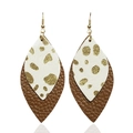 Macro detail of bohemian layered leather leaf earrings with gold speckled texture - Gold Spot White Leather (5)