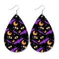 Macro detail of teardrop leather earrings with purple bats and orange crescent moon pattern - Bat Moon And Cat Eye Style